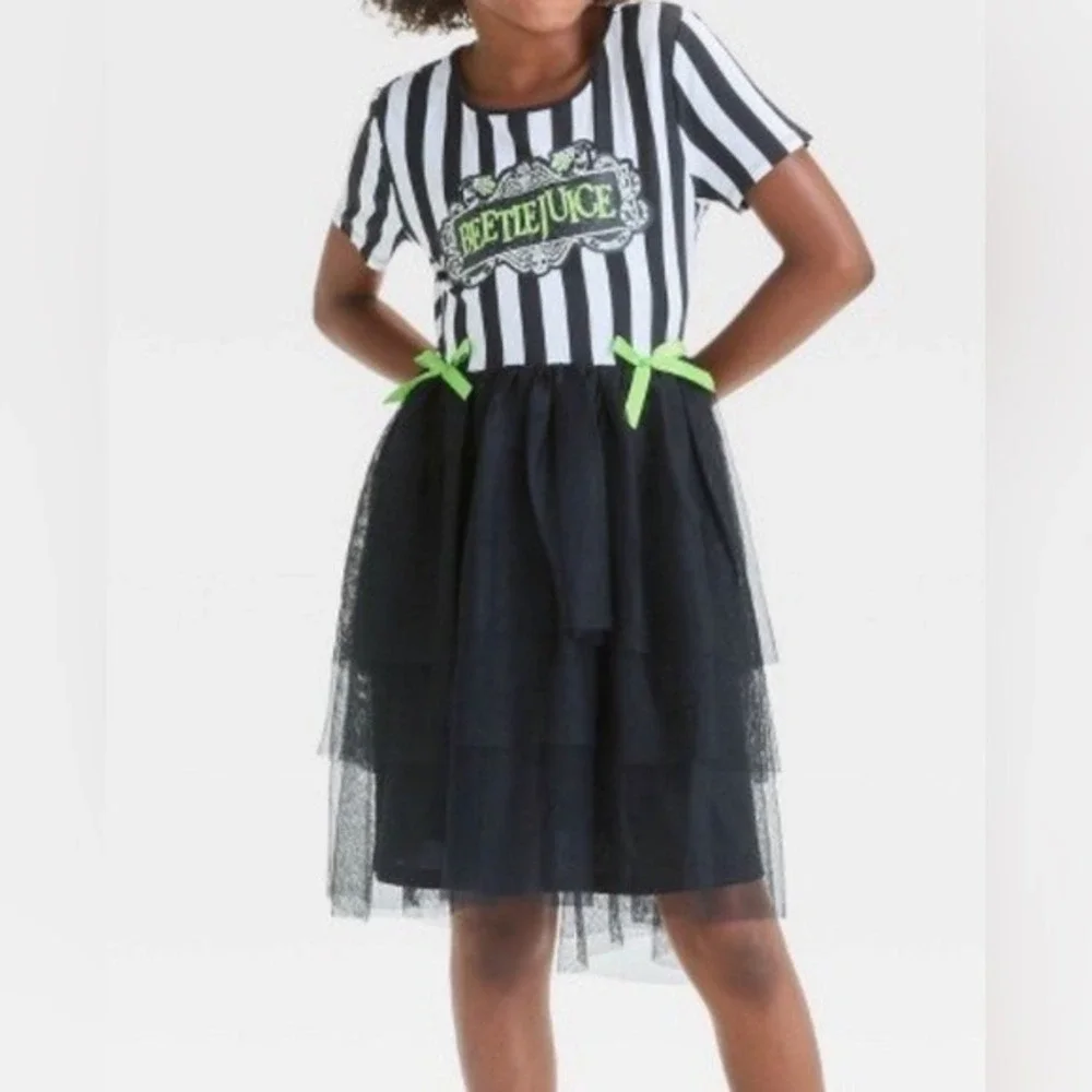 Beetlejuice Girls Halloween Costume Dress Tutu Tween Size 10/12 Black white